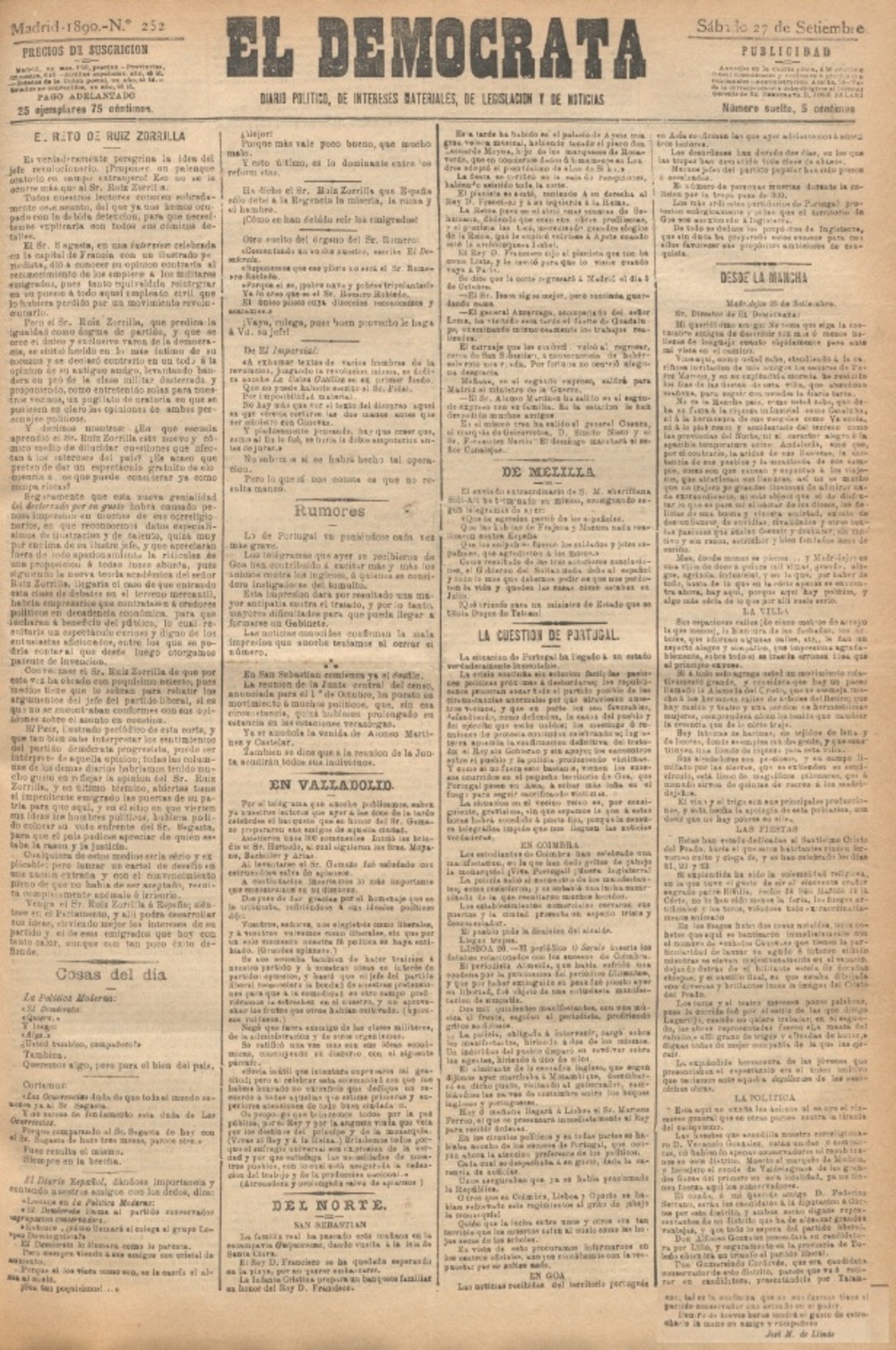 Ejemplar de ‘El Demócrata’ del 27 de septiembre de 1890 con el artículo de Madridejos.