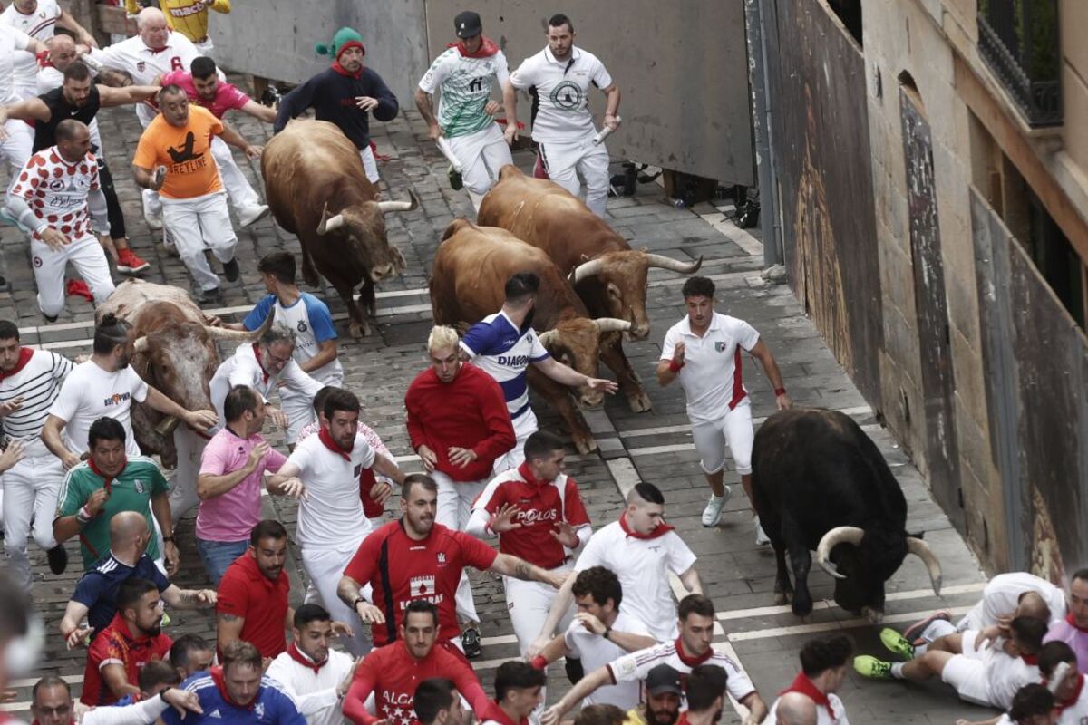 Los toros de Domingo Hernández en el quinto encierro de los Sanfermines  / JESÚS DIGES